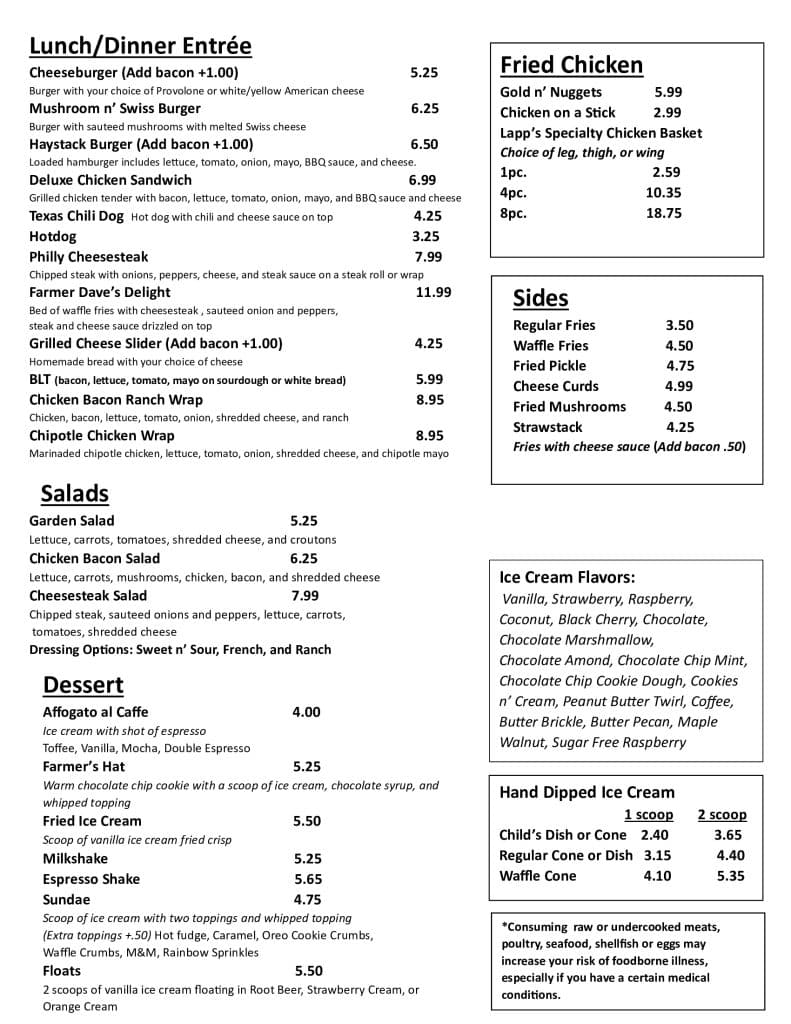 Food drink menu lapp valley farm