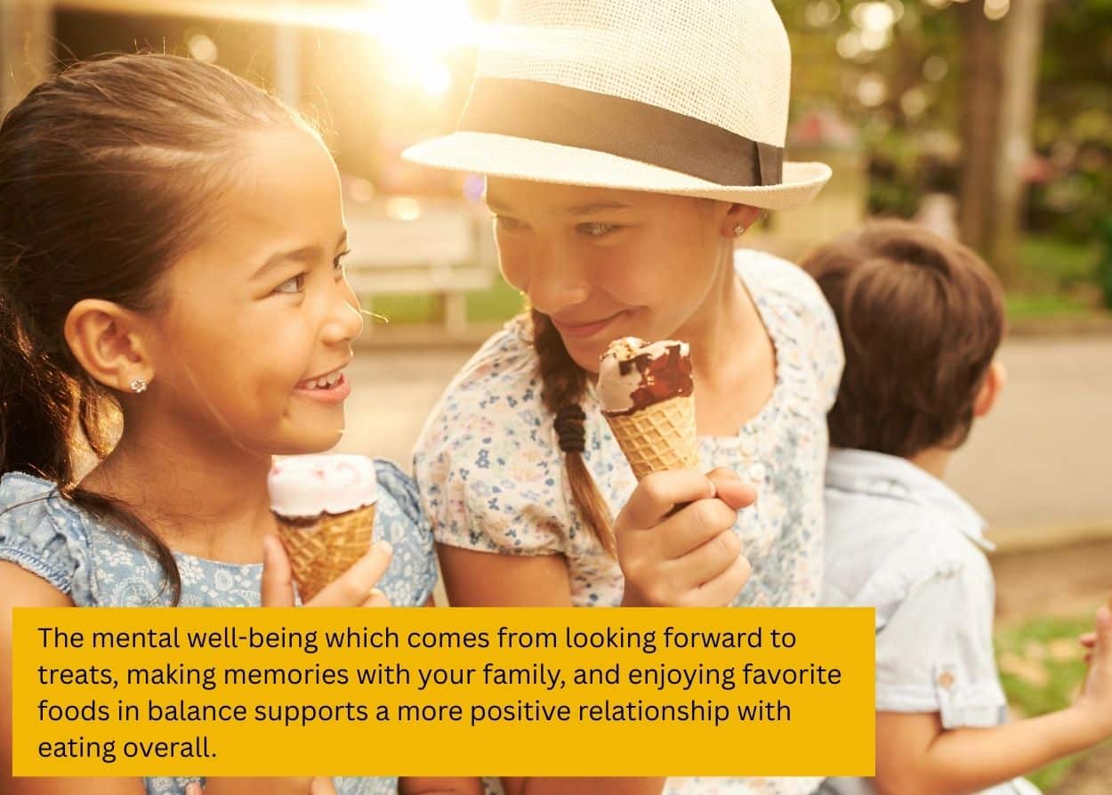 Children enjoying ice cream cones together on a sunny day at the park. Caption: The mental well-being which comes from looking forward to treats, making memories with your family, and enjoying favorite foods in balance supports a more positive relationship with eating overall.