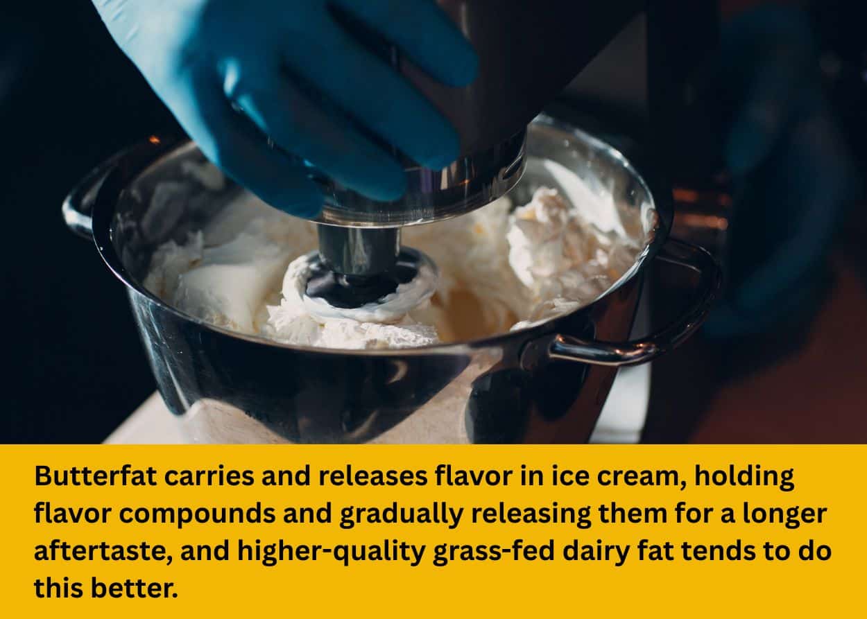 Ice cream being mixed in a commercial mixer, representing production and ingredient blending