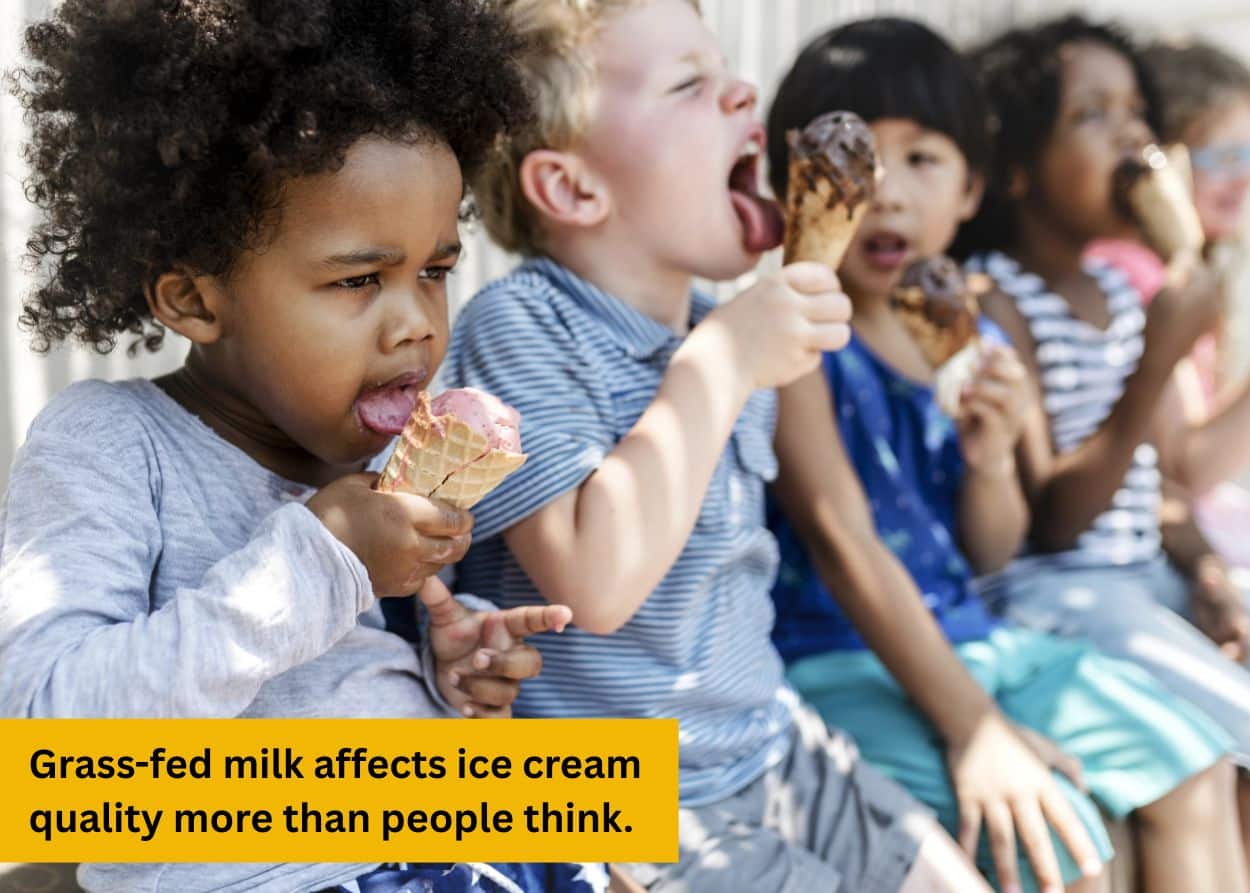 Children sitting together eating ice cream cones outdoors, highlighting enjoyment and creamy texture