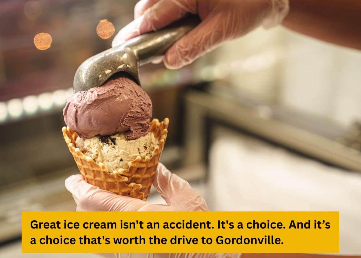 Freshly scooped ice cream cone being served, representing high-quality, handcrafted ice cream