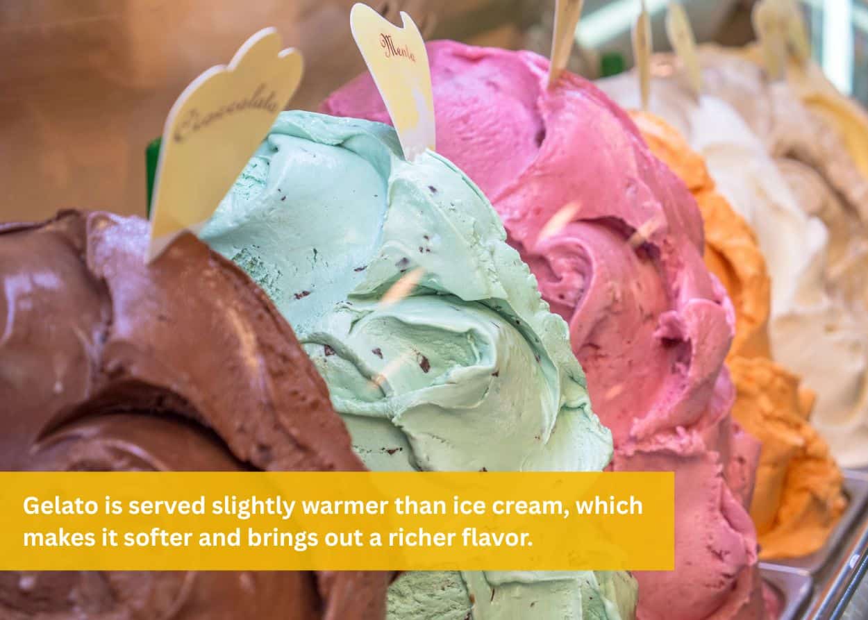 Colorful gelato flavors displayed in a serving case, showing the creamy texture of authentic gelato.